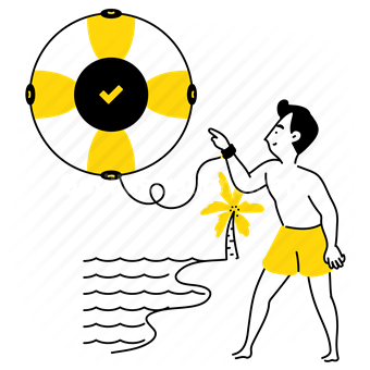 insurance, life preserver, beach, confirm, checkmark, man, people